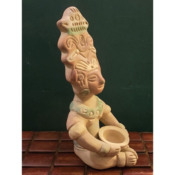 Vintage Mayan Clay Idol Sculpture w/ Offering Bowl 8.5"x4"x4" - Picture 2 of 5